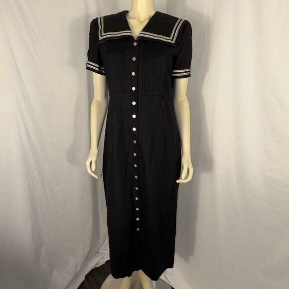 Jessica Howard Dresses & Skirts - Vintage 90s Jessica Howard Petite Black Linen Blend Sailor Midi Dress Nautical P